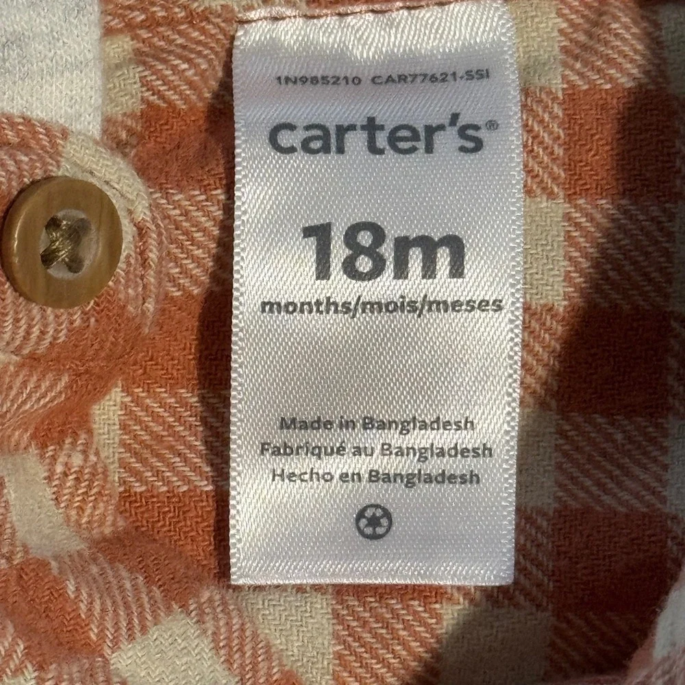 Carter's Baby Boys Flannel Shirt with Hood 18M Plaid Button Up Top